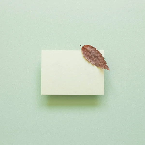 Blank memo pad with dry autumn leaves on green background. top view, copy space