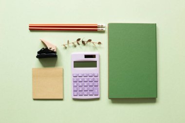 Not defteri, zımba, kalem, hesap makinesi, defter, yeşil arka planda okaliptüs yaprağı. Çalışma alanı. düz yatış, üst görünüm