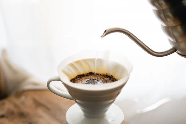 Man Adding Hot Water Coffee Dripper Glass Jar — Stock Photo, Image