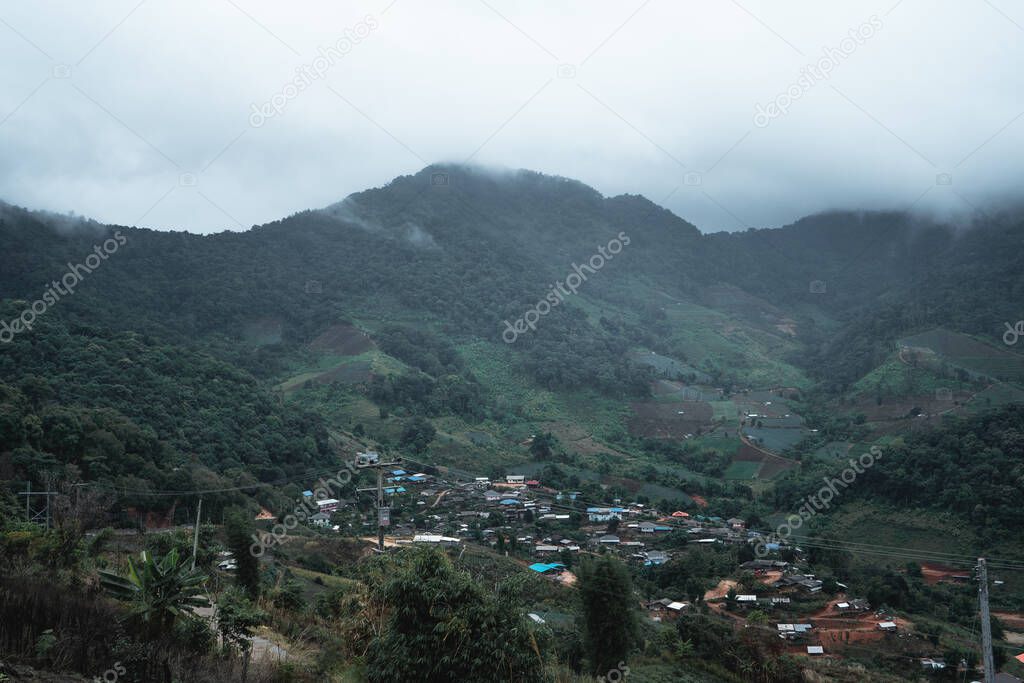 Village in the mountains in the tropical rainforest rainy season
