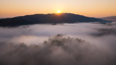 Güneş doğarken yoğun bir sis denizi ile kaplı bir dağ sırasının nefes kesici manzarasını görüntüleyen hava manzarası. Sıcak altın güneş ışığı sisi aydınlatarak rüya gibi ve dramatik bir atmosfer yaratıyor. Seyahat ve doğa geçmişi için mükemmel..