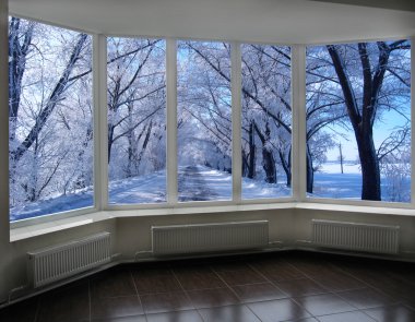 ağaçlarda hoarfrost ile kış yola bakan pencereler