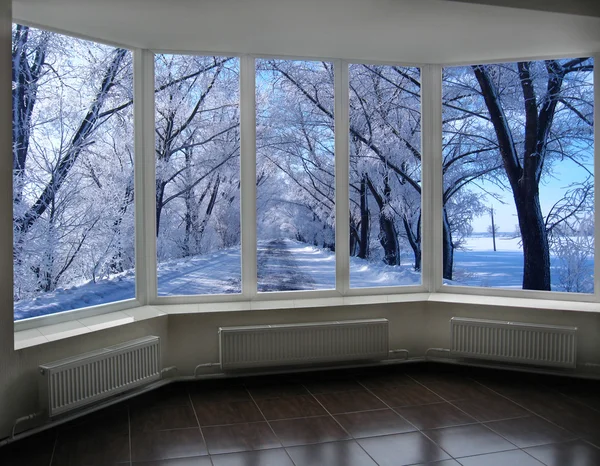 Janelas com vista para a estrada de inverno com árvores em hoarfrost — Fotografia de Stock