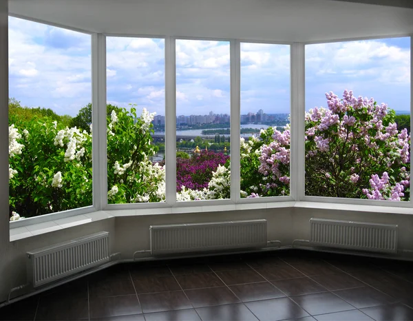 Window with a view of Kyiv in spring — Stock Photo, Image