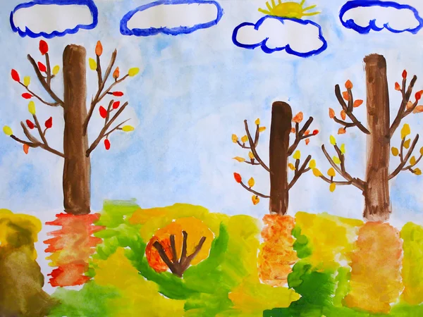 Autumn children's drawing with trees and clouds — Stock Photo, Image