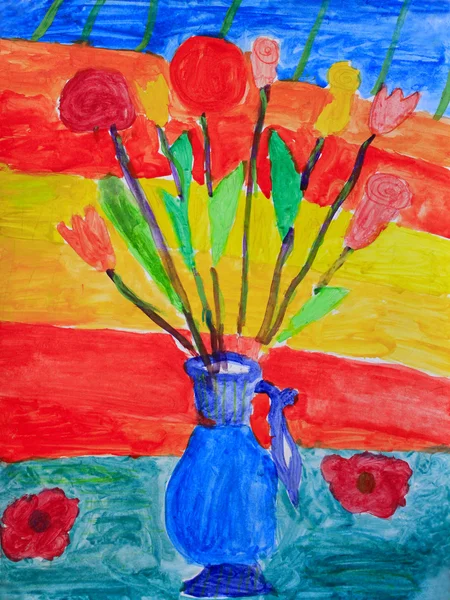 Dibujo infantil con ramo de flores en jarrón —  Fotos de Stock