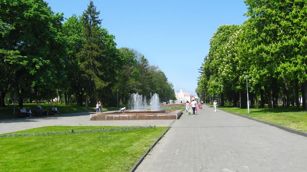 Люди отдыхают в парке с большими деревьями и фонтанами — стоковое фото