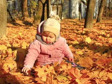 Sonbahar yaprakları Park ile bebek çalış