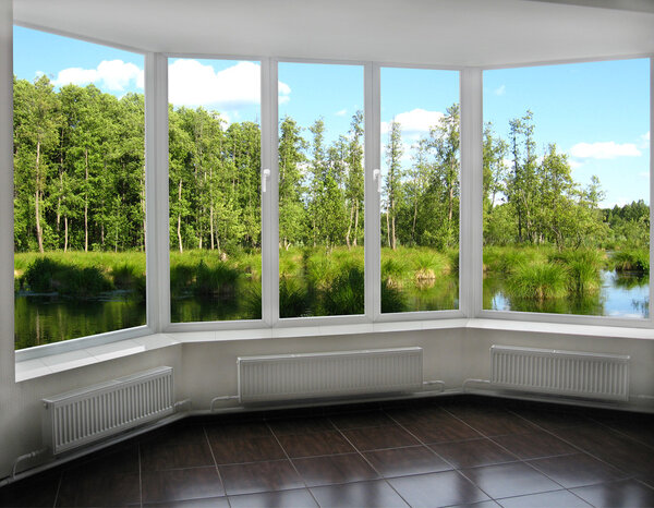 window overlooking the forest lake