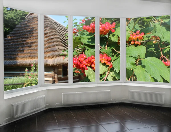 Okna s výhledem na červené zralé Kalina rose — Stock fotografie