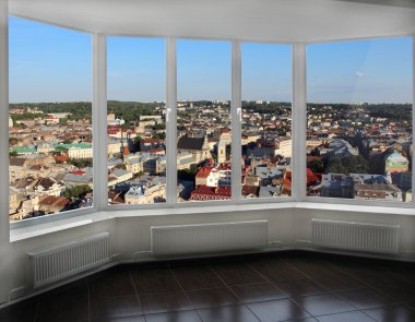 Lviv yukarıdan manzaralı modern pencere