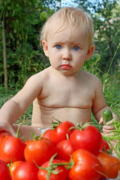 Bebê come tomates maduros — Fotografia de Stock