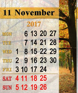 Takvim Kasım 2017 ile kırmızı sonbahar yaprakları