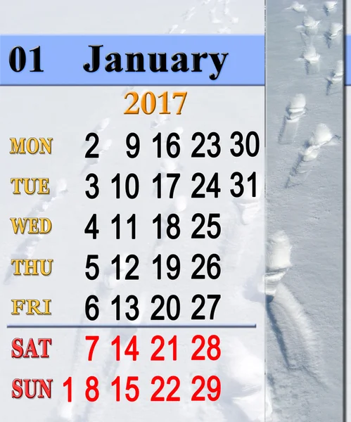 Calendario para enero de 2017 con rastros en la nieve — Foto de Stock