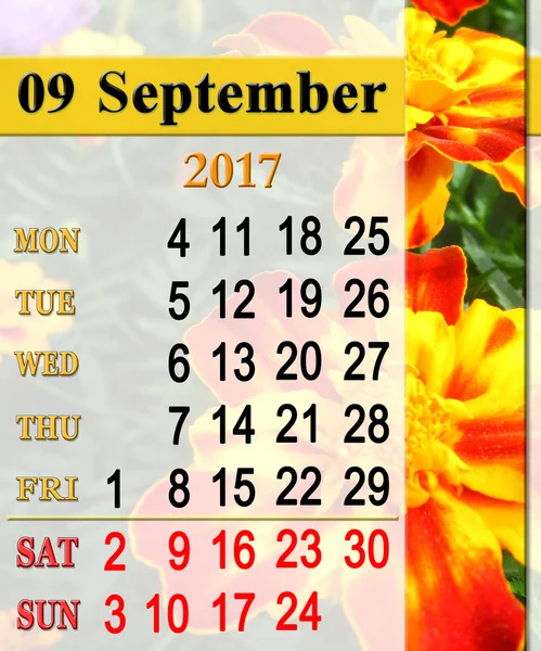 Kalenderblatt für September 2017 mit Tagetes — Stockfoto