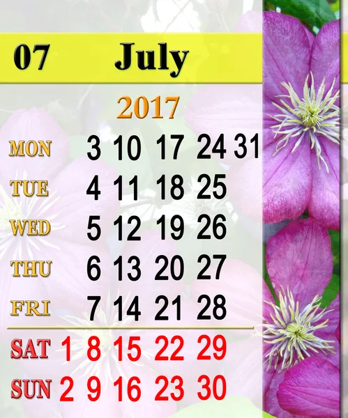 Calendario para julio 2017 con la imagen de clematis — Foto de Stock