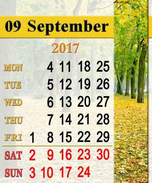 Calendar for September 2017 with path in Autumn park — Stock Photo, Image