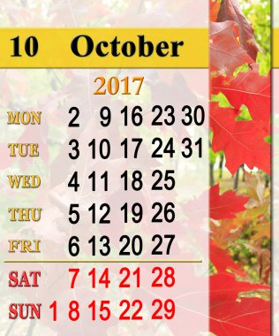 Takvim kırmızı meşe yaprakları ile Ekim 2017