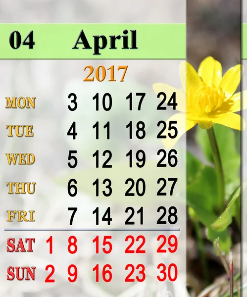 Calendario para abril 2017 con la flor de la celidonia Menor — Foto de Stock