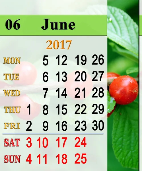 Calendario de junio 2017 con bayas rojas de Prunus tomentosa — Foto de Stock