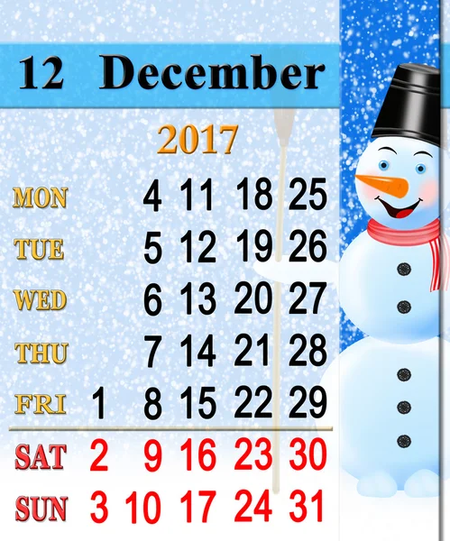 Kalender für Dezember 2017 mit Bild des sagenhaften Schneemanns — Stockfoto