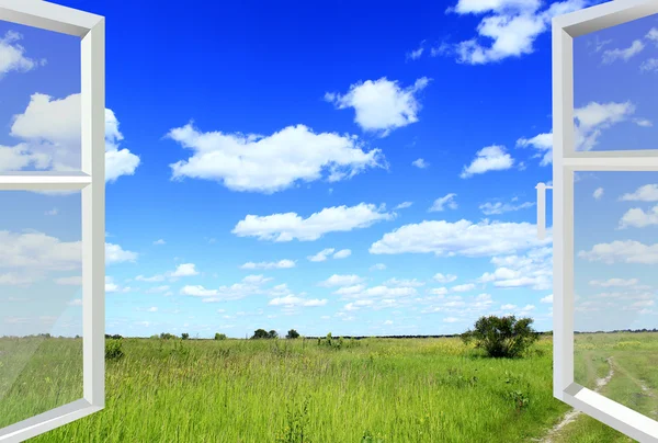 Opened window to the summer field — Stock Photo, Image