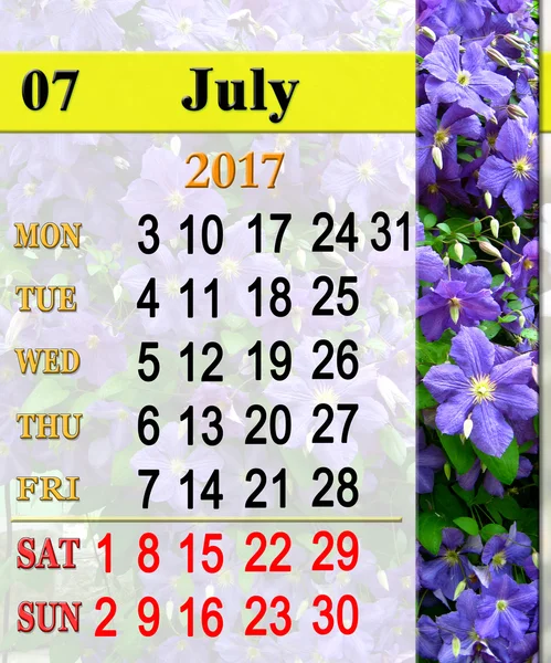 Kalender för juli 2017 med bild av clematis — Stockfoto