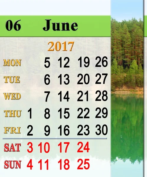 Calendario para junio 2016 con la imagen del lago del bosque — Foto de Stock