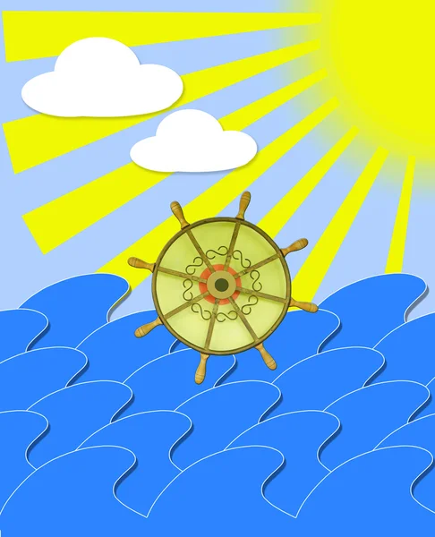 Морские волны с рулевым колесом и солнечными лучами — стоковое фото