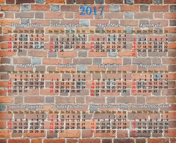 Takvim 2017 tuğla duvar arka plan üzerinde — Stok fotoğraf