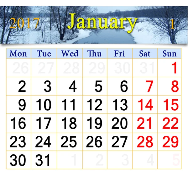 Calendrier pour janvier 2016 avec rivière d'hiver — Photo