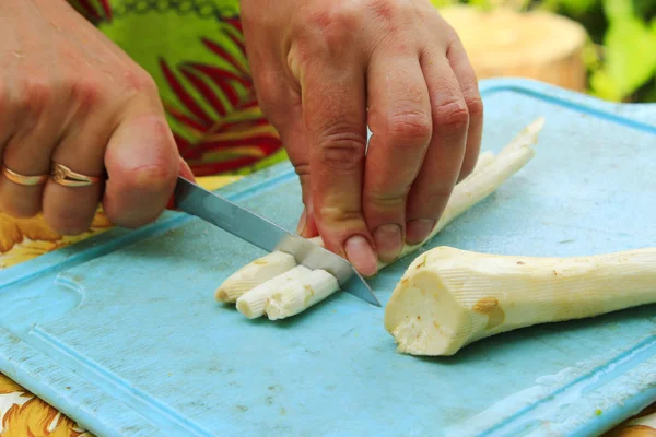 Vrouw segmenten mierikswortel voor behoud — Stockfoto