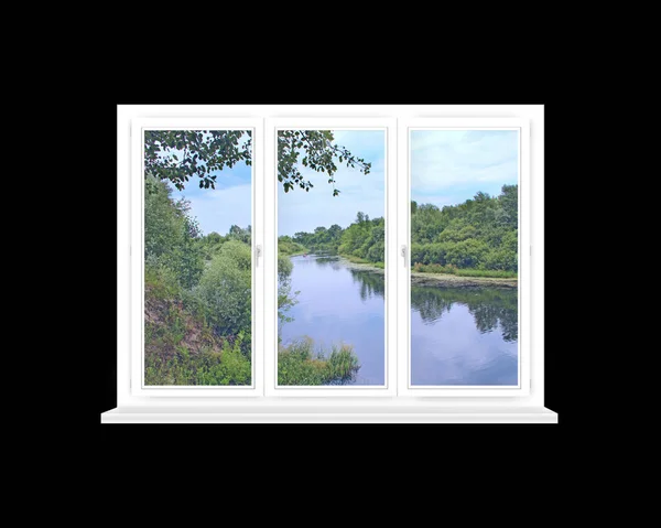 Fenêtre Panoramique Avec Vue Sur Belle Rivière Forêt Vue Fenêtre — Photo