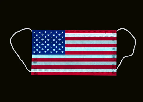 Protective medical American state flag face mask. 3d illustration. Protective mask in USA national flag colors isolated on black background. Medical mask isolated on black