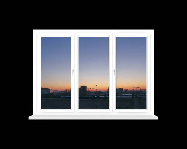Панорамне Вікно Видом Червоний Захід Сонця Над Міськими Будівлями Ізольовано — стокове фото