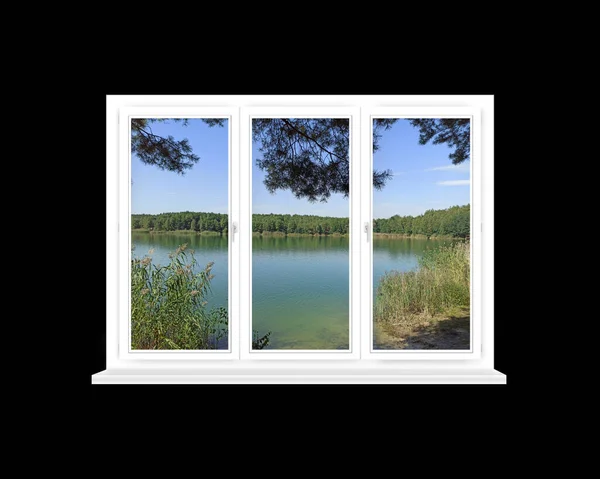 Room with big window with panoramic view to forest lake. Landscape with lake in forest. Panoramic view to nature from room window. View from window isolated on black