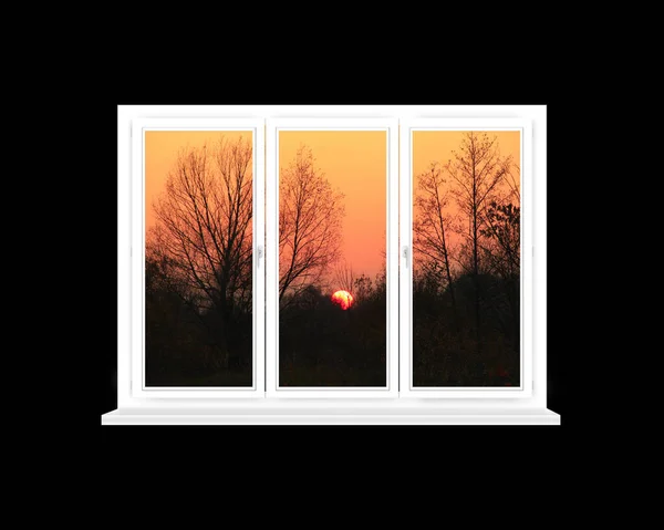 Białe Okno Zachodem Słońca Poza Izolacją Czarnym Tle Widok Okna — Zdjęcie stockowe