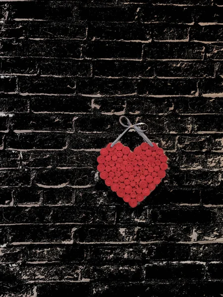 Red Heart Hanging Black Brick Wall Textured Symbol Love Two — Stock Photo, Image