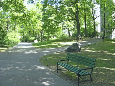 Gezinti bankı ve büyük yeşil ağaçları olan güzel bir şehir parkı. Yazın şehir parkı. Şehir parkında dinlenme yeri