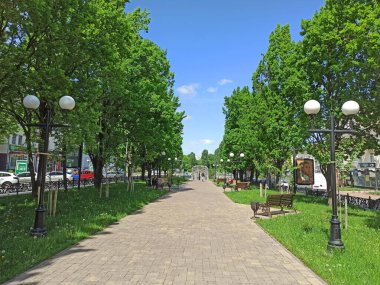 Chernihiv / Ukrayna. 17 Mayıs 2018: Yeşil ağaçlar ve patika bankları olan Summer City Park. Şehir parkında yeşil yapraklı ağaçlar. Yeşil ağaçlar arasında patika olan yaz parkı. Şehir sakinleri için dinlenme yeri