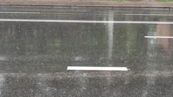 Vattendroppar Faller Ner Asfalterad Väg Regnet Regn Vägbanan Stan Gata — Stockvideo