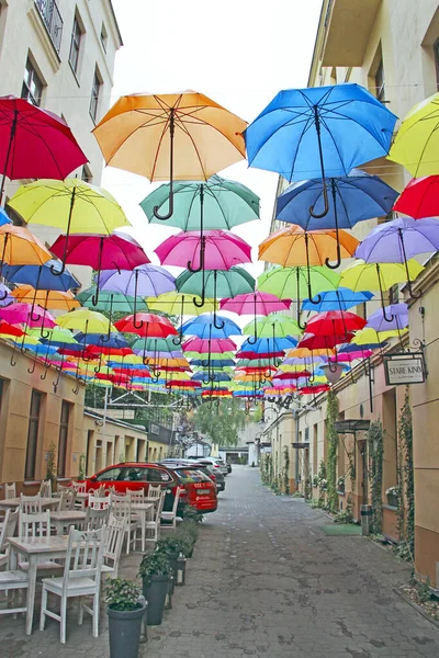 Lodz Polen Juni 2019 Oben Hängen Bunte Regenschirme Set Aus — Stockfoto