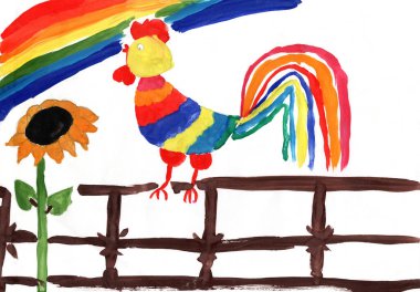 Gökkuşağının her renginin çocuk çizimi. Yazın parlak renkleri. Çocuksu sanat. Suluboya ile çizilmiş sanat eserleri. Çit gökkuşağı ve ayçiçeğinin üzerinde duran parlak renkli horoz çizimi