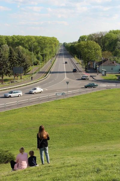 우크라이나 2020 전차와 나무가 파노라마 차들은 고속도로를 측면에 아스팔트 자동차로 — 스톡 사진