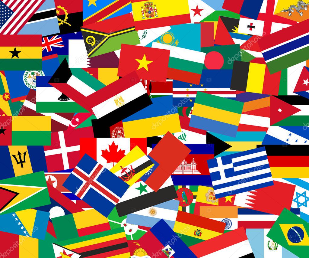International Flags in pile. Many flags of countries. National symbols of countries. National flags of different countries. International relations. All colors of rainbow. Multicolored signs