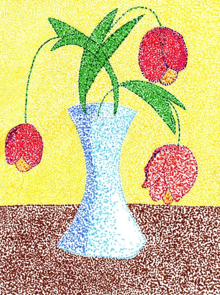 先端がフェルトペンで点状に作られた花瓶の中の花の子供の絵 テーブルの上に花瓶の花のドット絵 ドローイングによる作品 — ストック写真