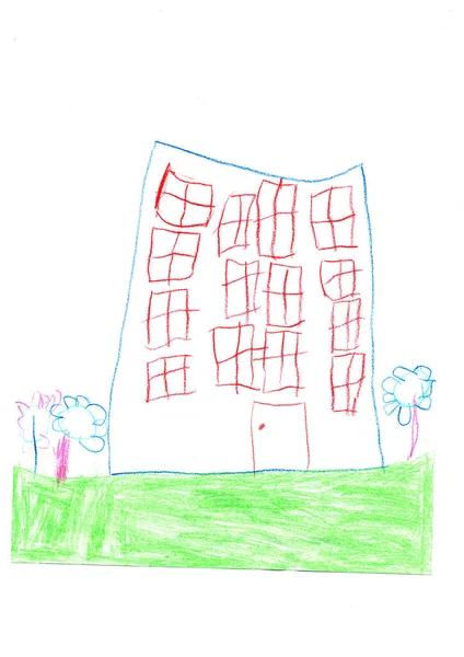 Kindische Zeichnung Eines Bunten Hauses Mehrstöckiges Gebäude Farben Kinder Malen — Stockfoto