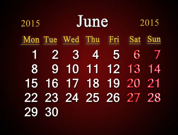 Calendar on June of 2015 year on claret — Stock Photo, Image