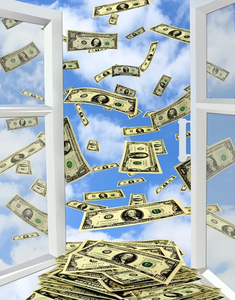 Dollar fliegen aus geöffnetem Fenster in den Himmel — Stockfoto