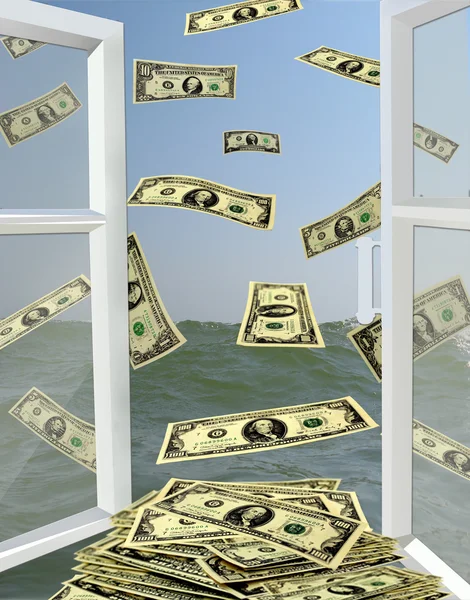 Fenster zum Meer mit Dollars geöffnet — Stockfoto